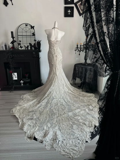 Shiny Halter White Tulle Sequin Beaded Mermaid Wedding Dress Long Bridal Dress D3699