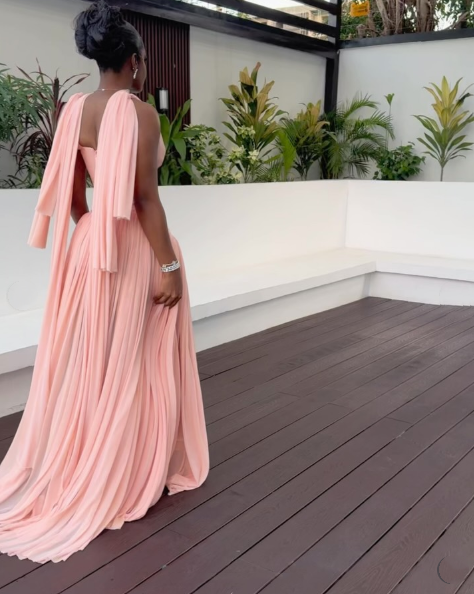 Stylish Pink Chiffon Pleated A Line Long Wedding Guest Dress Evening Dress With Ribbon D1363