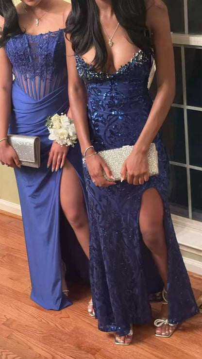 Elegant Spaghetti Straps Satin Tulle Sequin Beaded Prom Dress Navy Blue Mermaid Slit Long Evening Dress D5180
