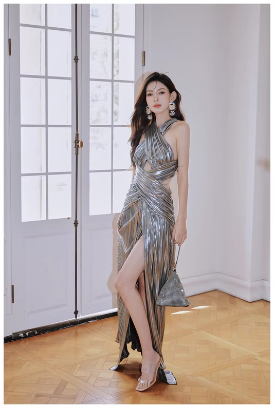 Fashion Silver Gray Satin Pleated High Slit Long Evening Dress Sexy Prom Dress D2429