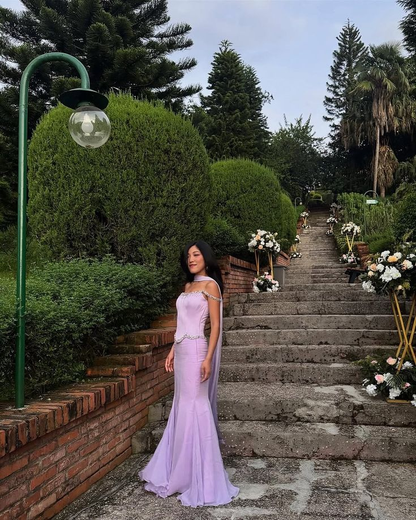 Classy Purple Satin Chiffon Beaded Mermaid Long Party Dress Formal Evening Dress With Ribbon D1810