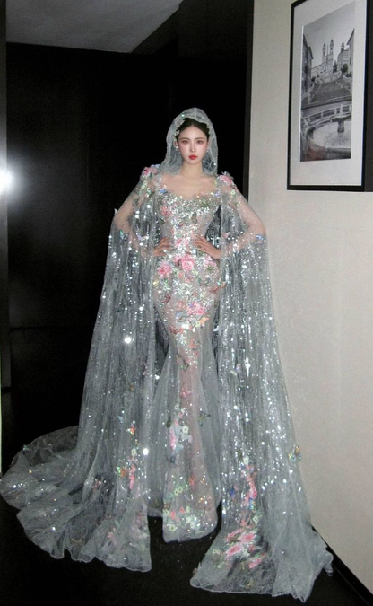 Glamorous Silver Tulle Sequin Beaded Butterfly Appliques Mermaid Long Wedding Dress Formal Bridal Dress D1978