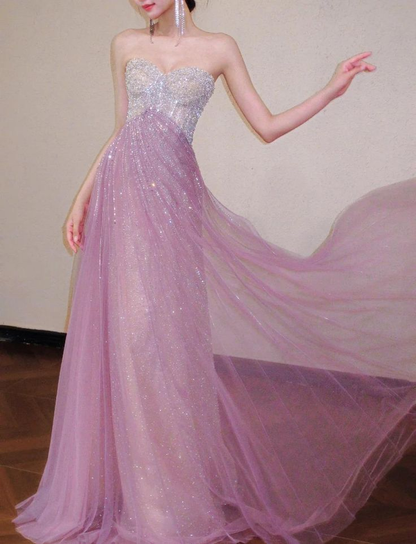 Shiny Pink Strapless Tulle Beaded Mermaid Long Birthday Party Dress Evening Gown D1879