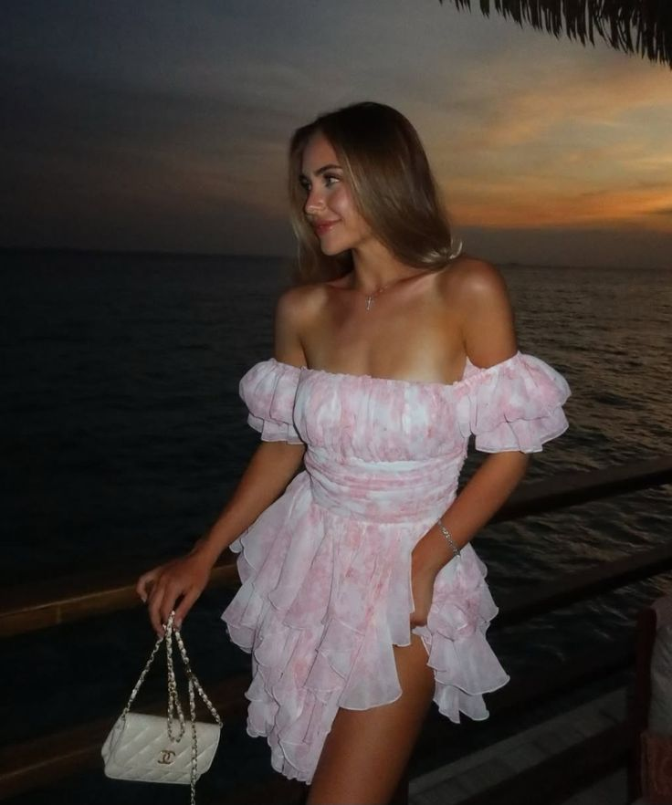 Glamorous Pink Chiffon Printed Floral Short Graduation Homecoming Dress,Off The Shoulder Short Party Dress D3312