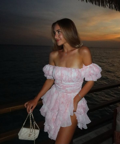 Glamorous Pink Chiffon Printed Floral Short Graduation Homecoming Dress,Off The Shoulder Short Party Dress D3312