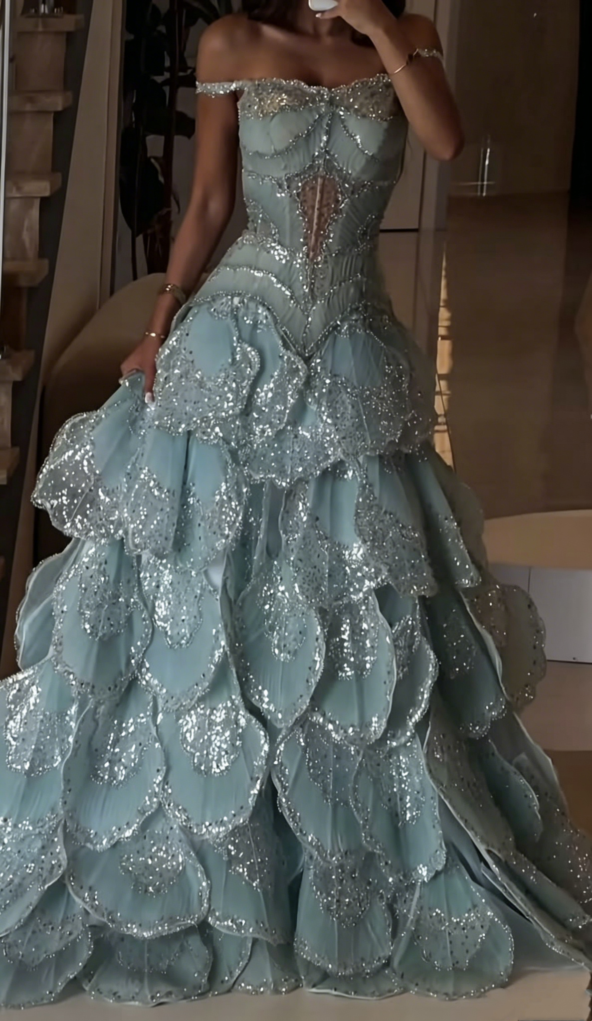 Glamorous Blue Tulle Sequin Petals Long Party Dress,Off The Shoulder Long Evening Dress D3990