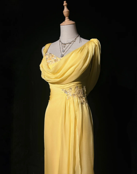 Glamorous Yellow Chiffon Sequin Mermaid Long Party Dress Prom Gown Formal Wedding Guest Dress D1995