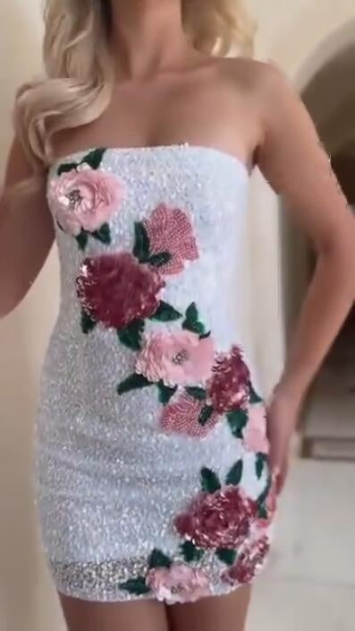 Unique Strapless Sequin Beaded Floral Sheath Short Graduation Homecoming Dress Cocktail Dress D4310