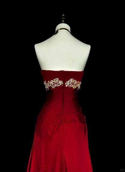 Vintage Sweetheart Neck Satin Pleated Beaded Evening Dress Burgundy Mermaid Long Party Dress D5378