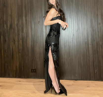 Gorgeous Strapless Black Sequin Sheath Slit Evening Dress Party Gown Long Wedding Guest Dress D1921