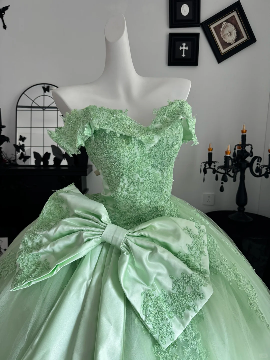Cute Off The Shoulder Tulle Appliques Sweet 15 Dress,Green Quinceanera Dress With Bow D3722