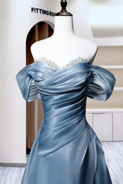 Charming Off The Shoulder Ball Gown Blue Satin Pleated Beaded Long Party Dress Evening Gown D2390