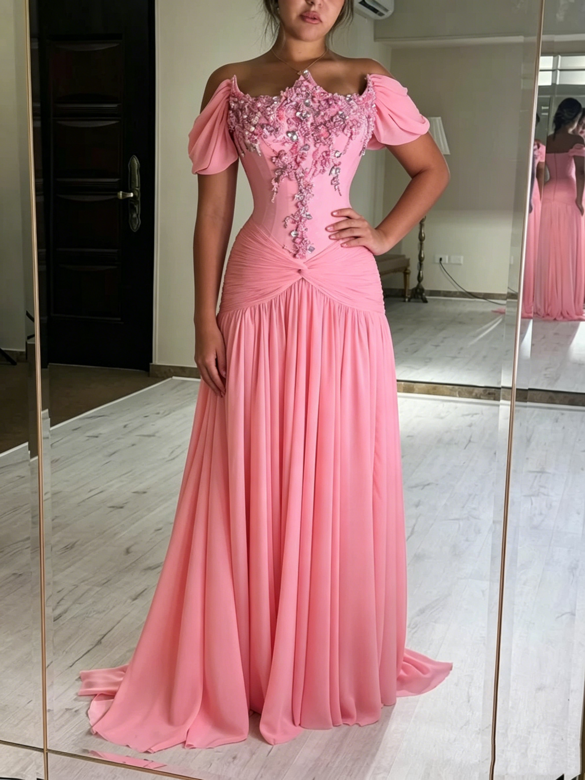 Cute Off The Shoulder Pink Chiffon Beaded Mermaid Long Party Dress Evening Gown D1304