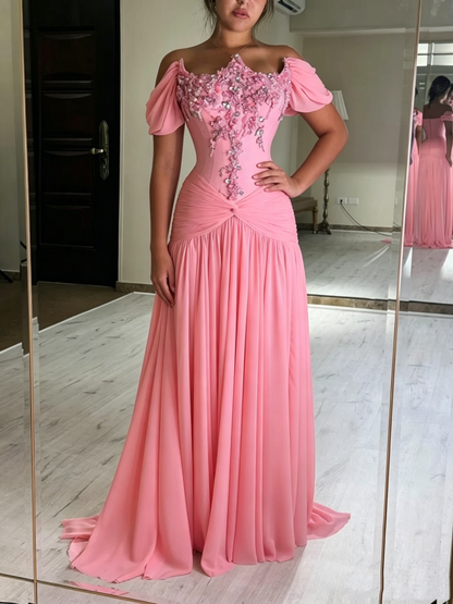 Cute Off The Shoulder Pink Chiffon Beaded Mermaid Long Party Dress Evening Gown D1304