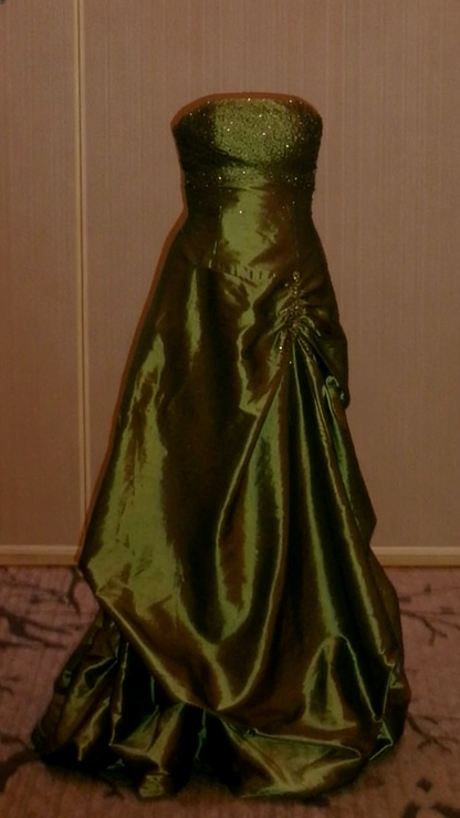 Elegant Olive Green Strapless Satin Sequin Long Birthday Party Dress Evening Gown  D1505