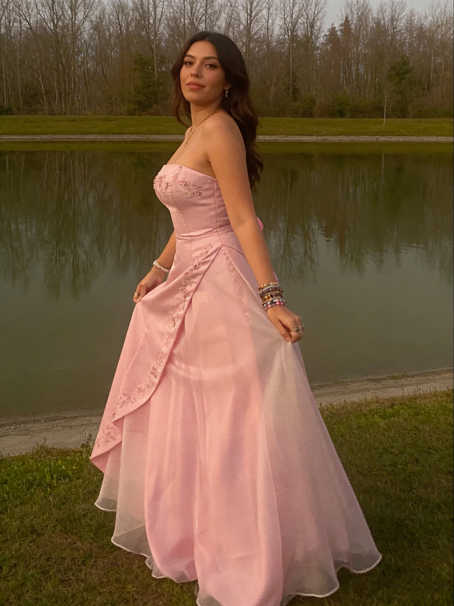 Retro A Line Strapless Pink Chiffon Long Party Dress Prom Dresses SD1397
