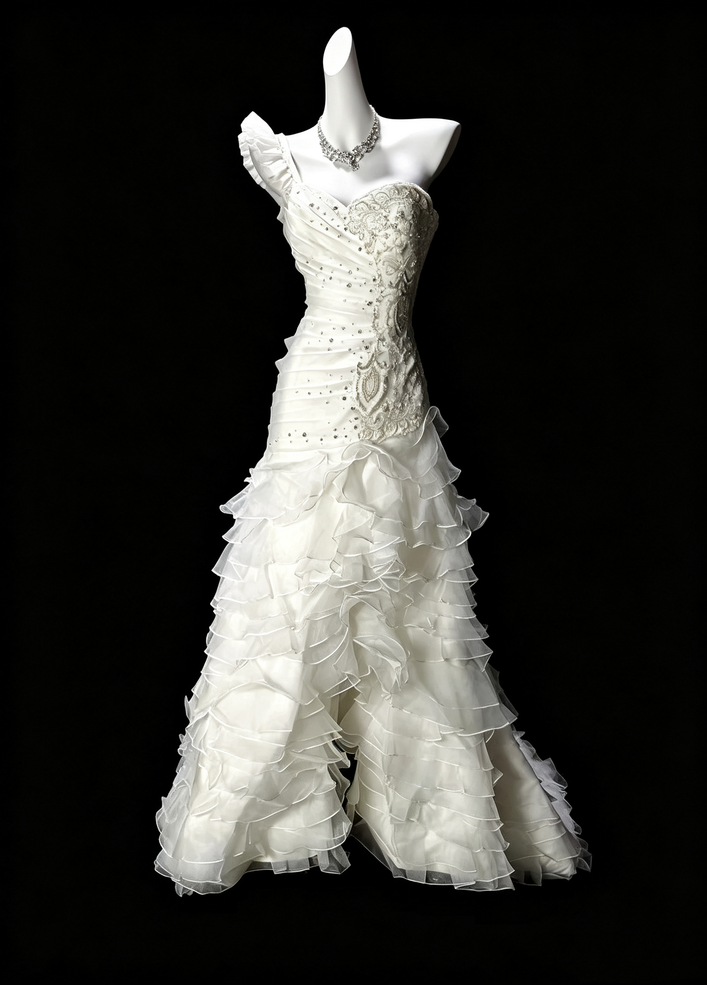 Glamorous One Shoulder Tulle Pleated Ruffled Mermaid Evening Dress,White Long Party Gown With Beads D3645