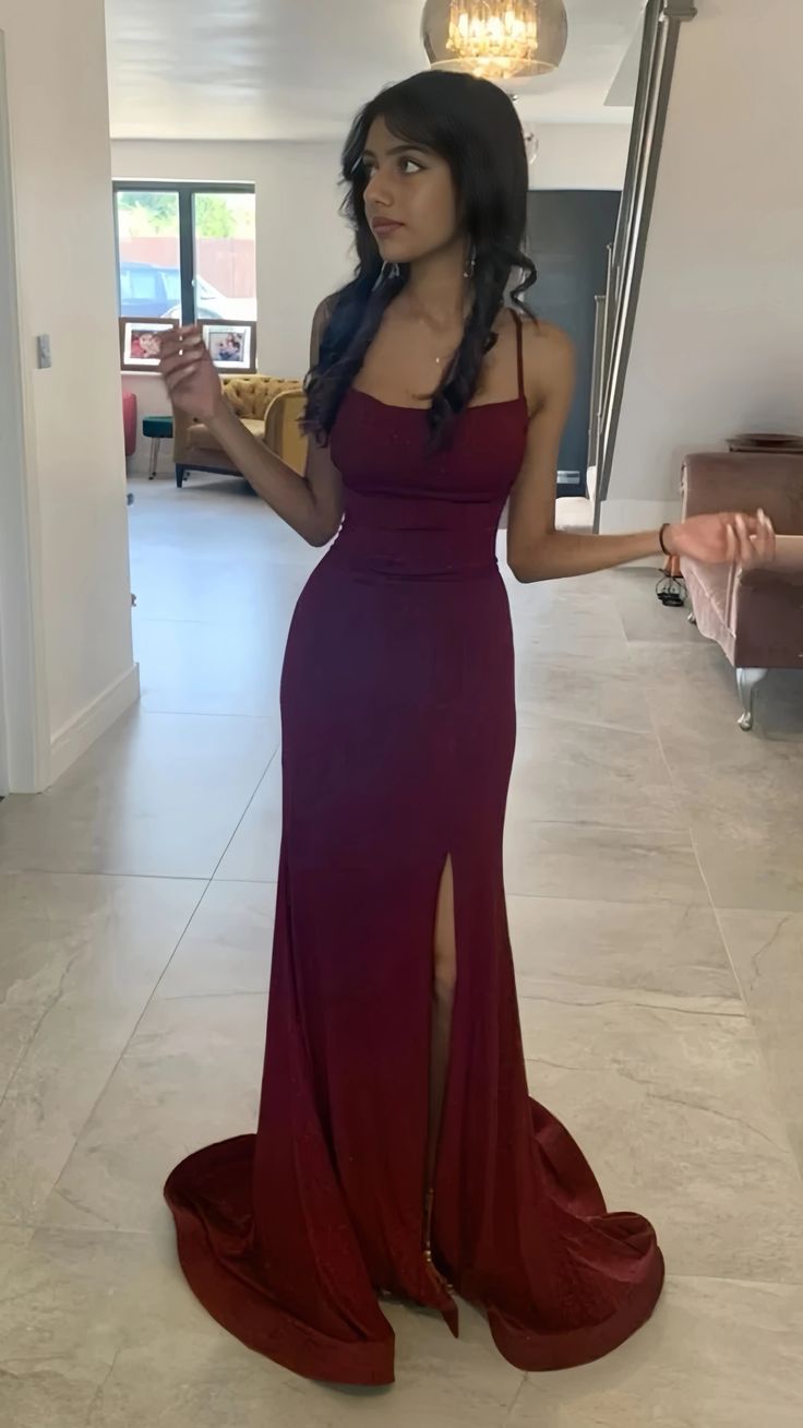 Sheath Spaghetti Straps Burgundy Printed Velvet Long Prom Dress with Silt main image 1