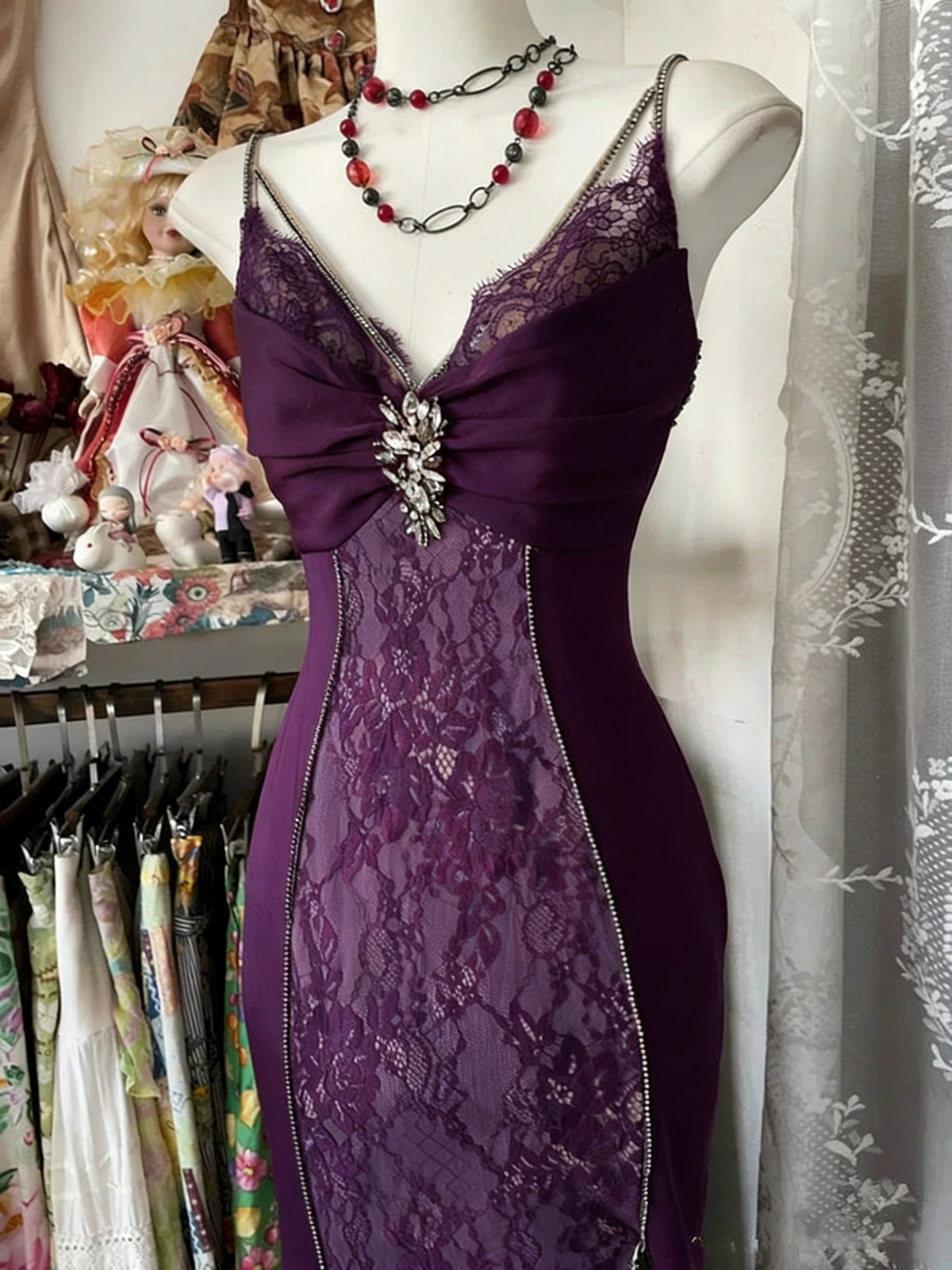 Sexy Mermaid Spaghetti Straps Red Lace Prom Dresses Long Party Dress SD1308