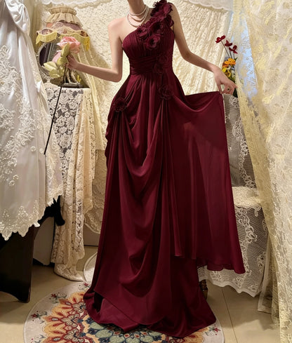 Classy Pink One Shoulder Chiffon Pleated Appliques Long Party Dress Prom Dress Formal Wedding Guest Dress D2114