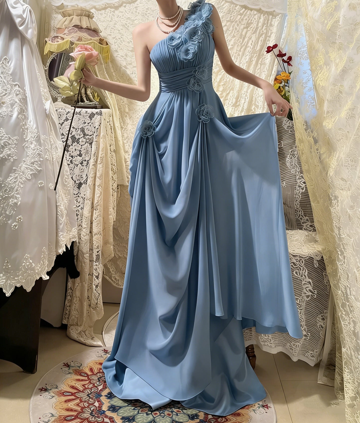Classy Pink One Shoulder Chiffon Pleated Appliques Long Party Dress Prom Dress Formal Wedding Guest Dress D2114