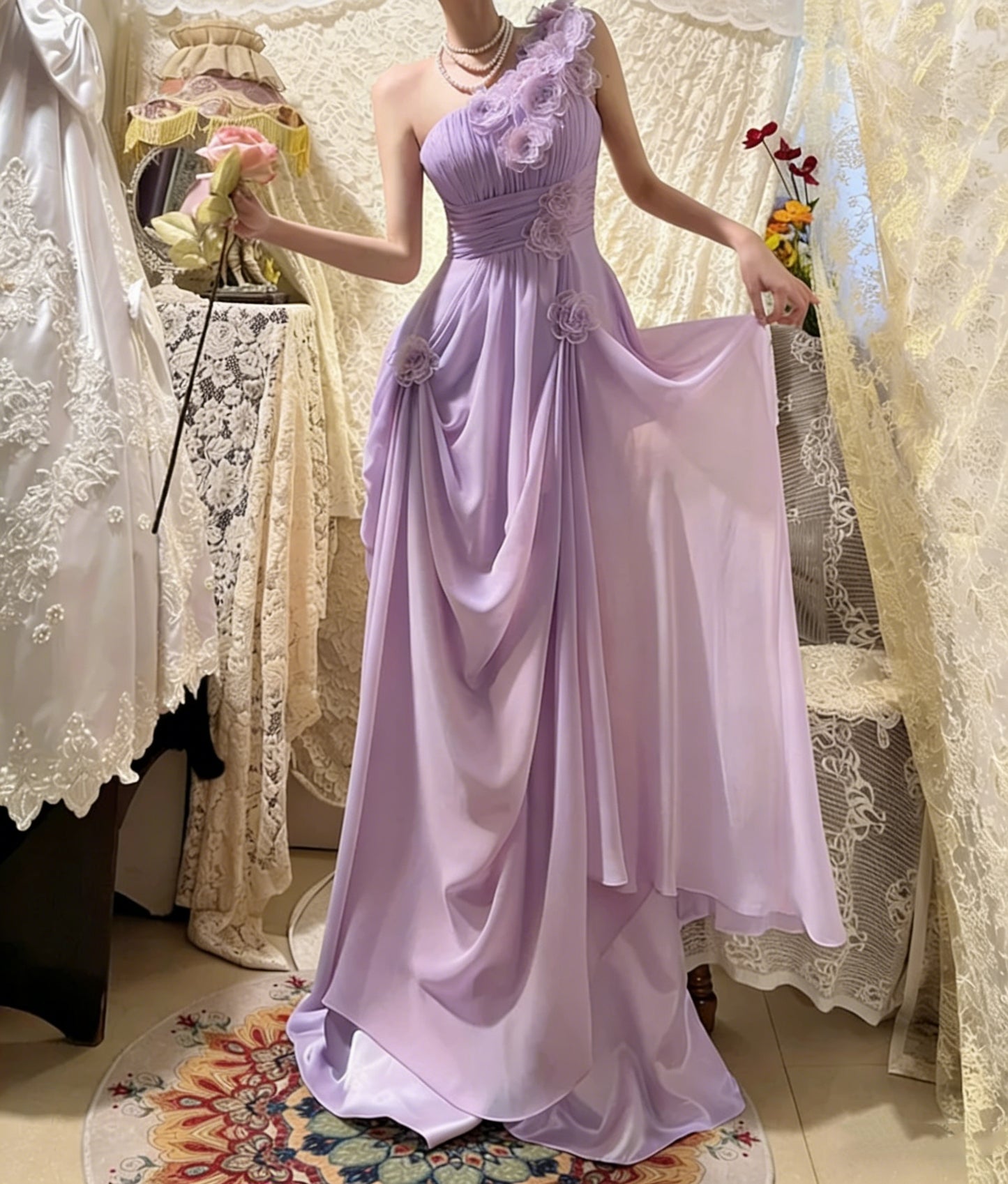 Classy Pink One Shoulder Chiffon Pleated Appliques Long Party Dress Prom Dress Formal Wedding Guest Dress D2114