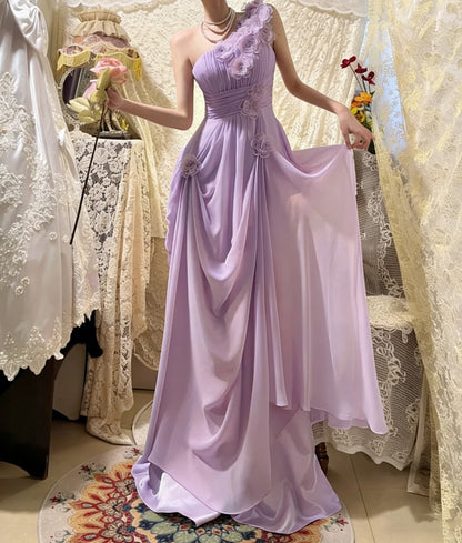 Classy Pink One Shoulder Chiffon Pleated Appliques Long Party Dress Prom Dress Formal Wedding Guest Dress D2114