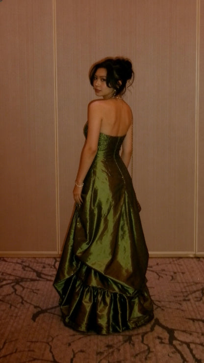 Elegant Olive Green Strapless Satin Sequin Long Birthday Party Dress Evening Gown  D1505