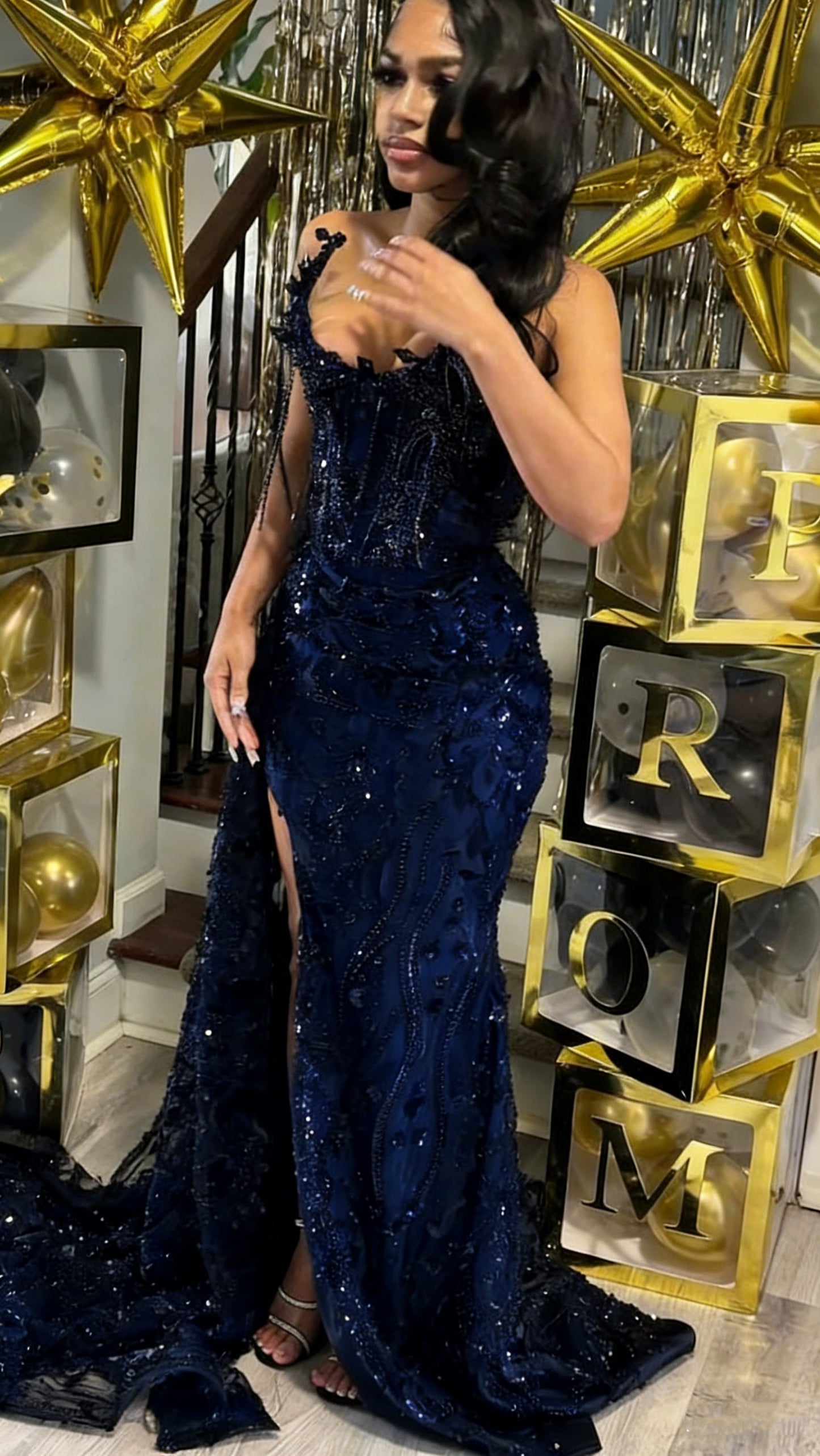 Gorgeous Black Lace Beaded Mermaid Slit Evening Dress Prom Gown S202