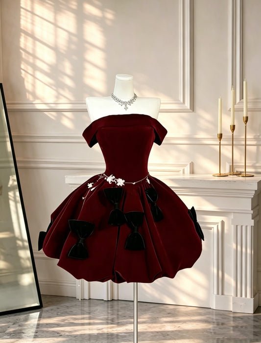 Charming Off The Shoulder Velvet A Line Short Party Dress Burgundy Short Birthday Dress D2602