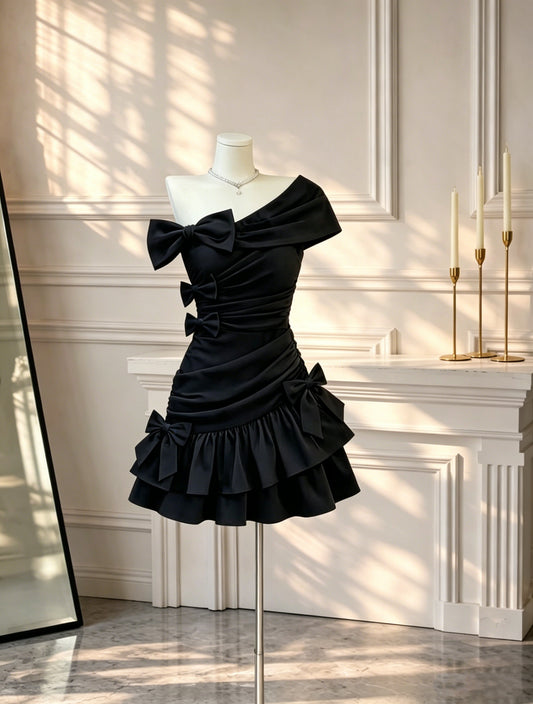 Sexy Black One Shoulder Cocktail Dress Satin Bow Pleated A Line Short Homecoming Dress D2603