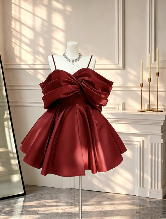 Cute Spaghetti Straps Red Satin Pleated A Line Short 6th Grade Homecoming Dress Birthday Outfits D2604
