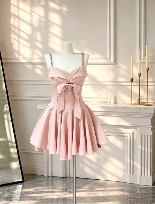 Pretty Spaghetti Straps Satin Bow A Line Mini Birthday Outfits Pink Short 8th Grade Homecoming Dress D2606