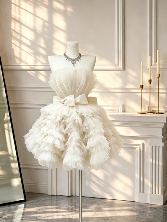 Cute Off White A  Line Short 15th Birthday Outfits Strapless Tulle Layered A Line Mini Homecoming Dress D2600