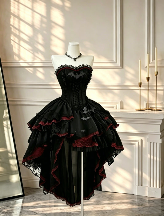 Vintage Black Birthday Outfits Sweetheart Neck Satin Lace Hi-Low Cocktail Dress D2609