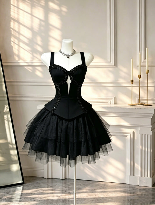 Sexy Spaghetti Straps Satin Tulle Beaded A Line Short Cocktail Dress  Black Homecoming Dress D2611