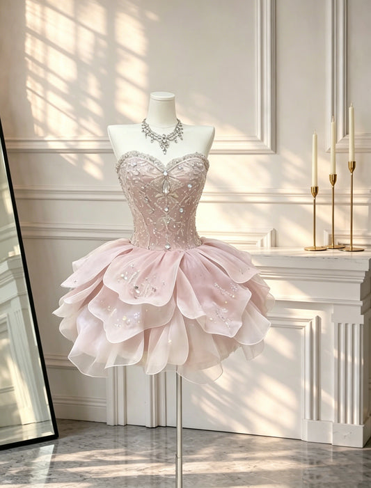 Pretty Sweetheart Neck Beaded Tulle Petals Short Birthday Dress Pink A Line 8th Grade Homecoming Dress D2614