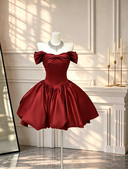 Fashion Red Satin A Line Short Graduation Homecoming Dress Off The Shoulder Mini Cocktail Dress D2615