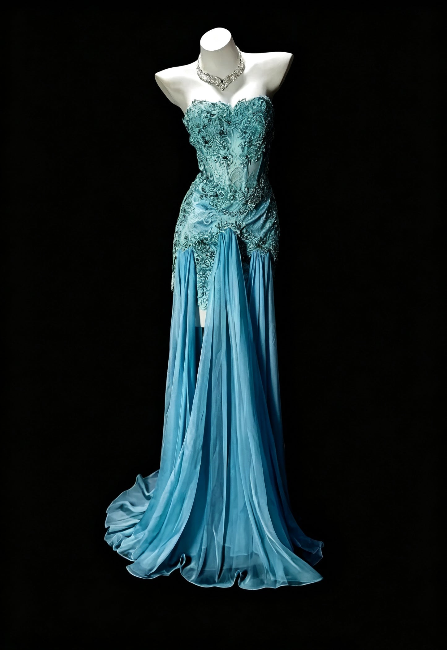 Chic Lake Blue strapless Satin Appliques Chiffon Long Evening Dress Prom Dress D3617