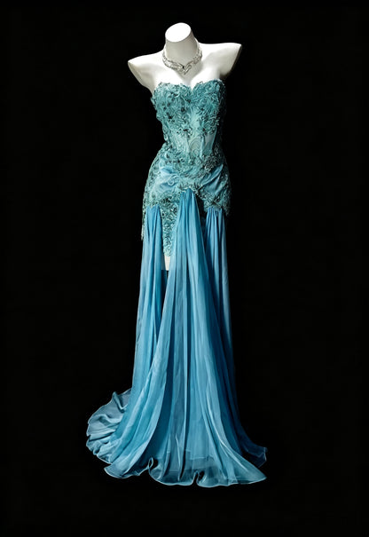 Chic Lake Blue strapless Satin Appliques Chiffon Long Evening Dress Prom Dress D3617