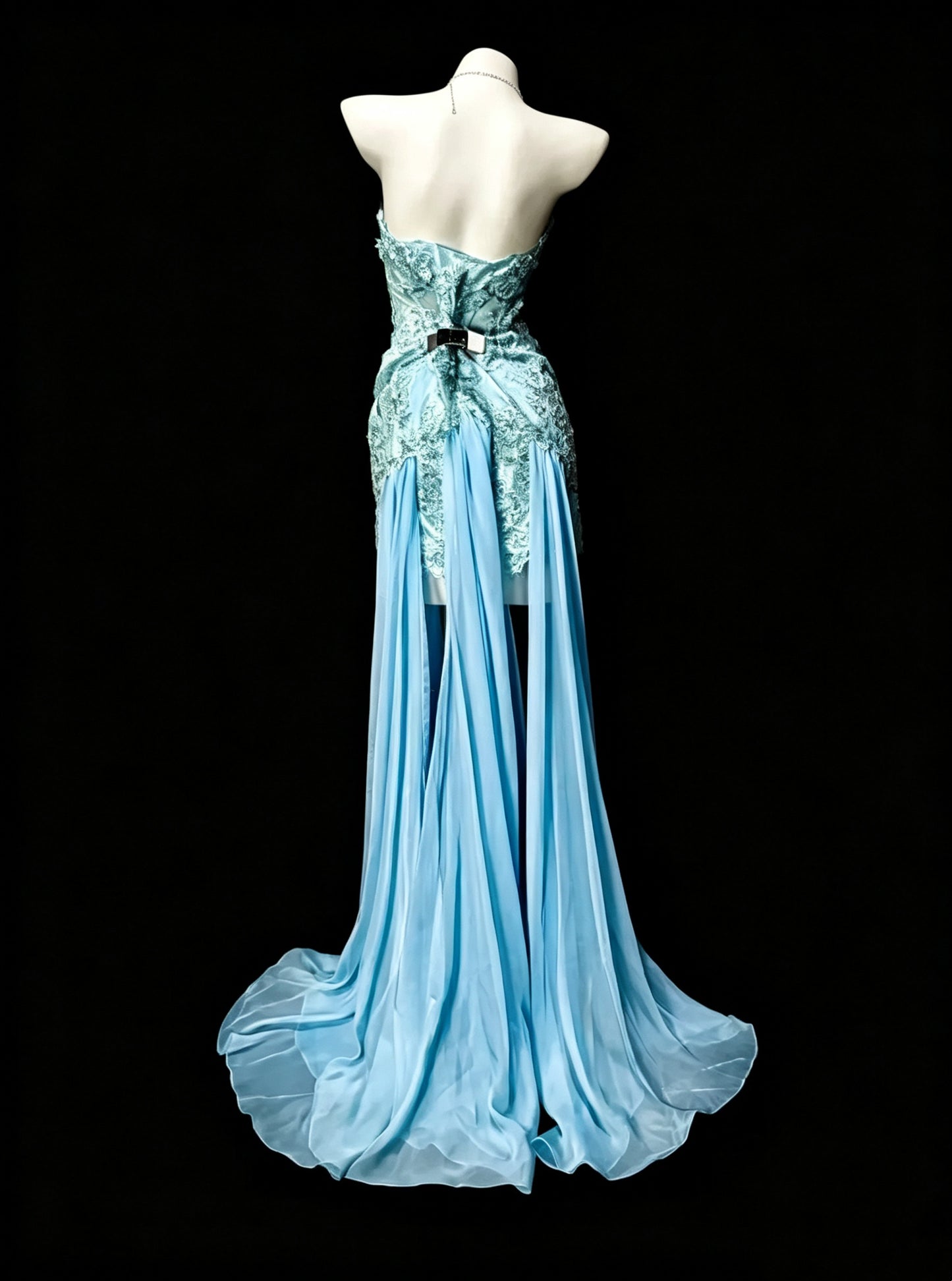 Chic Lake Blue strapless Satin Appliques Chiffon Long Evening Dress Prom Dress D3617