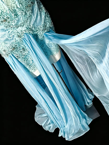 Chic Lake Blue strapless Satin Appliques Chiffon Long Evening Dress Prom Dress D3617
