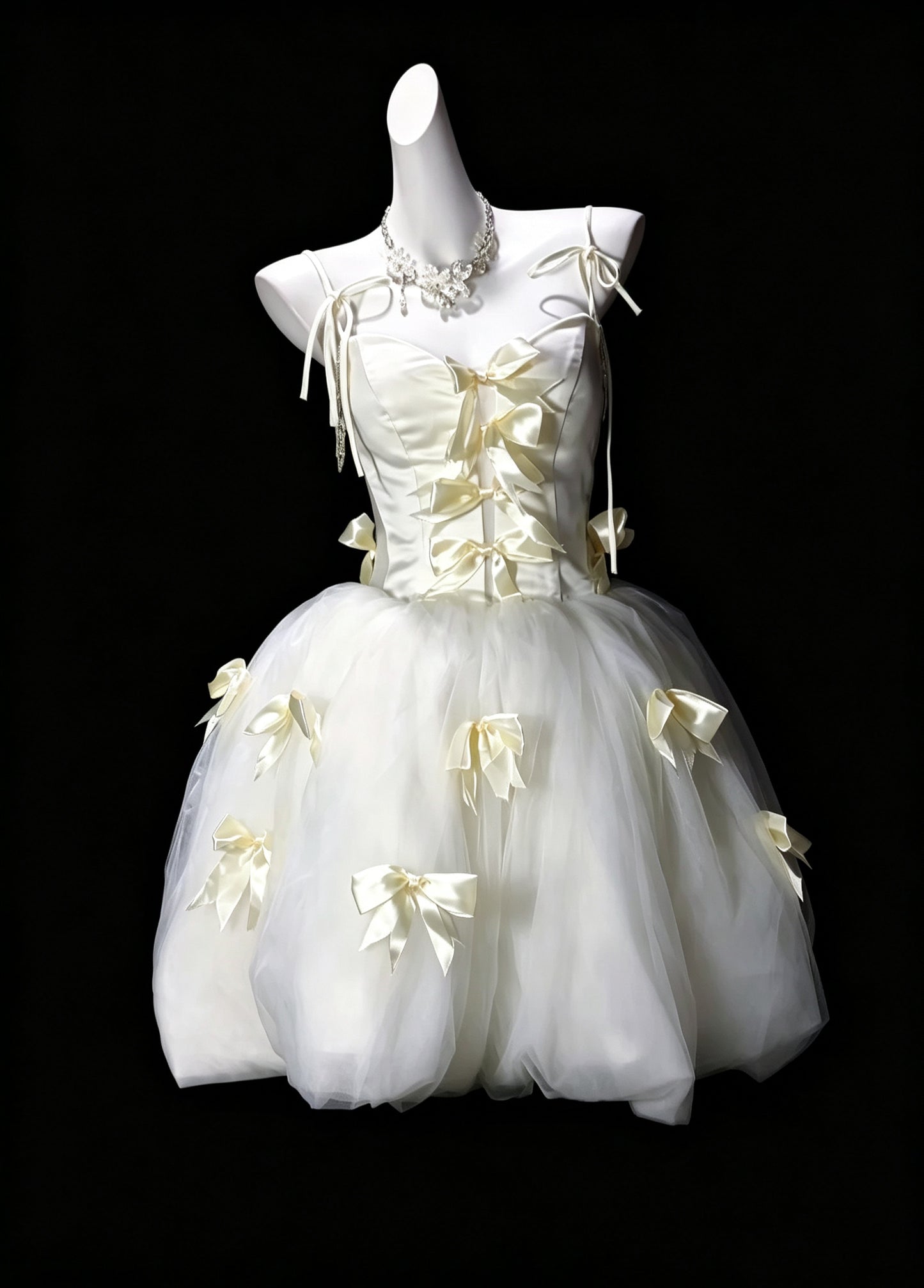 Cute Spaghetti Straps Off White Satin Tulle Bow ALine Short Birthday Outfits Homecoming Dress D3619