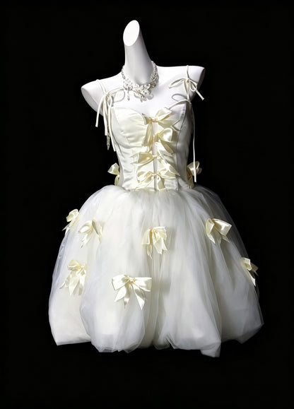 Cute Spaghetti Straps Off White Satin Tulle Bow ALine Short Birthday Outfits Homecoming Dress D3619