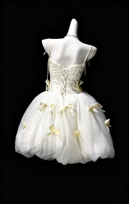 Cute Spaghetti Straps Off White Satin Tulle Bow ALine Short Birthday Outfits Homecoming Dress D3619