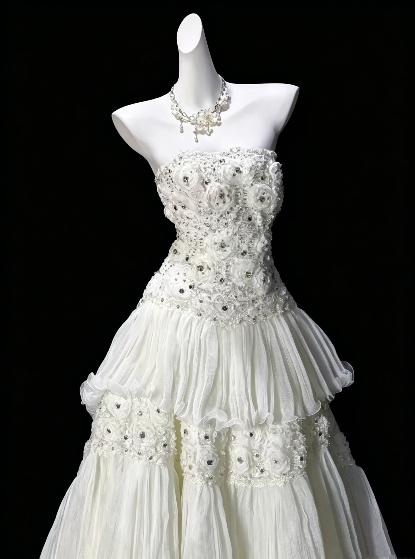 Fairy Strapless White Tulle Appliques Layered Long Wedding Dress Bridal Dress D3618