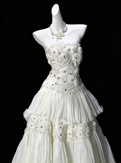 Fairy Strapless White Tulle Appliques Layered Long Wedding Dress Bridal Dress D3618