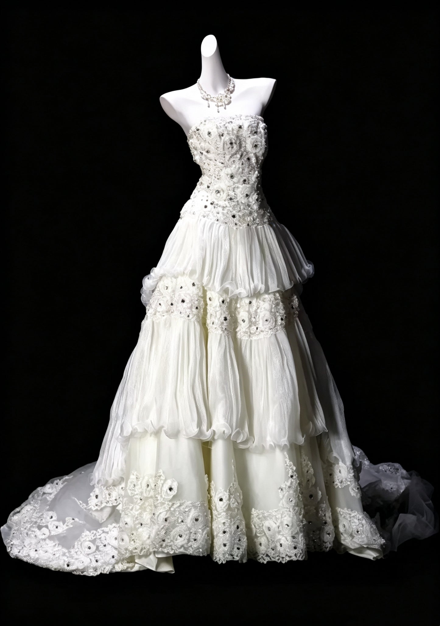 Fairy Strapless White Tulle Appliques Layered Long Wedding Dress Bridal Dress D3618
