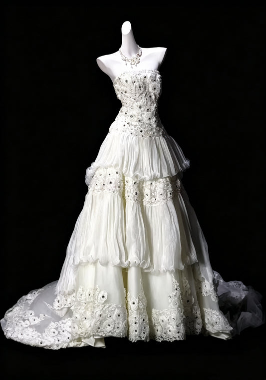 Fairy Strapless White Tulle Appliques Layered Long Wedding Dress Bridal Dress D3618