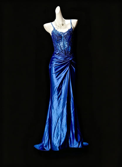 Charming Spaghetti Straps Blue Satin Appliques Mermaid Slit Evening Dress Long Wedding Guest Dress D3616